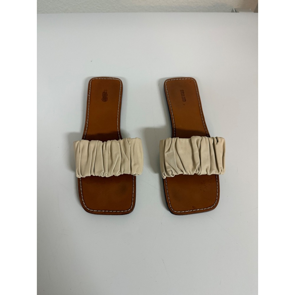 Staud Womens Cream Ruched Leather Square Toe Slide Sandals Cognac Flat Size 39